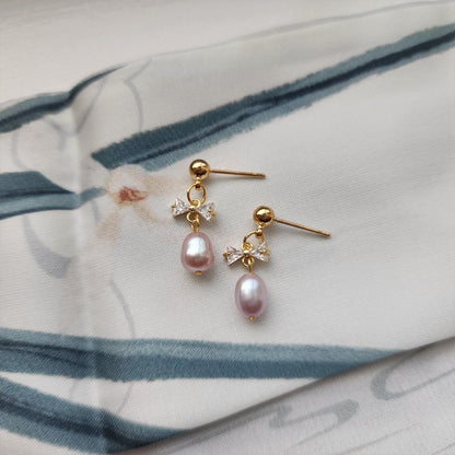 Pearl drop earrings, cute pearl dangle earrings, mini bow pearl earrings, gold earrings, gift for her