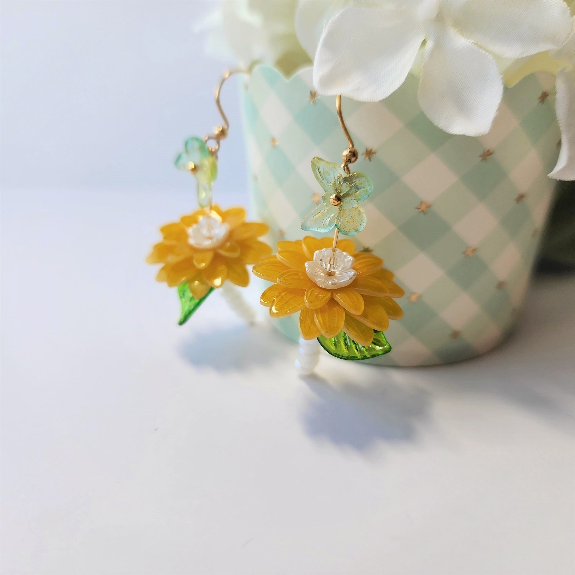 Chamomile dangle earrings, Chrysanthemum flower and butterfly earrings, gift for her