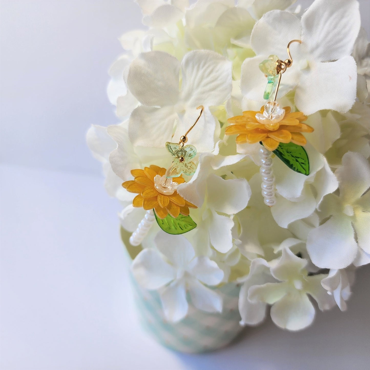 Chamomile dangle earrings, Chrysanthemum flower and butterfly earrings, gift for her