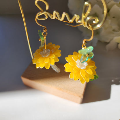 Chamomile dangle earrings, Chrysanthemum flower and butterfly earrings, gift for her