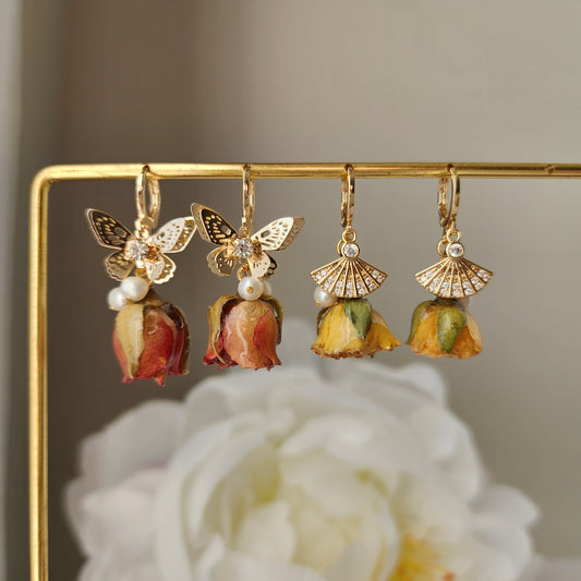Real rose dangle earrings, gold butterfly with red rose earrings, gold fan with yellow rose earrings, gift for her
