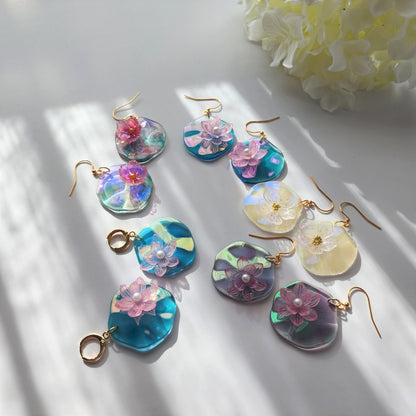 Water lily lotus earrings, floating lily pad and lotus dangle earrings, Lotus flowers on leaf, flower earrings, floral earrings, for her