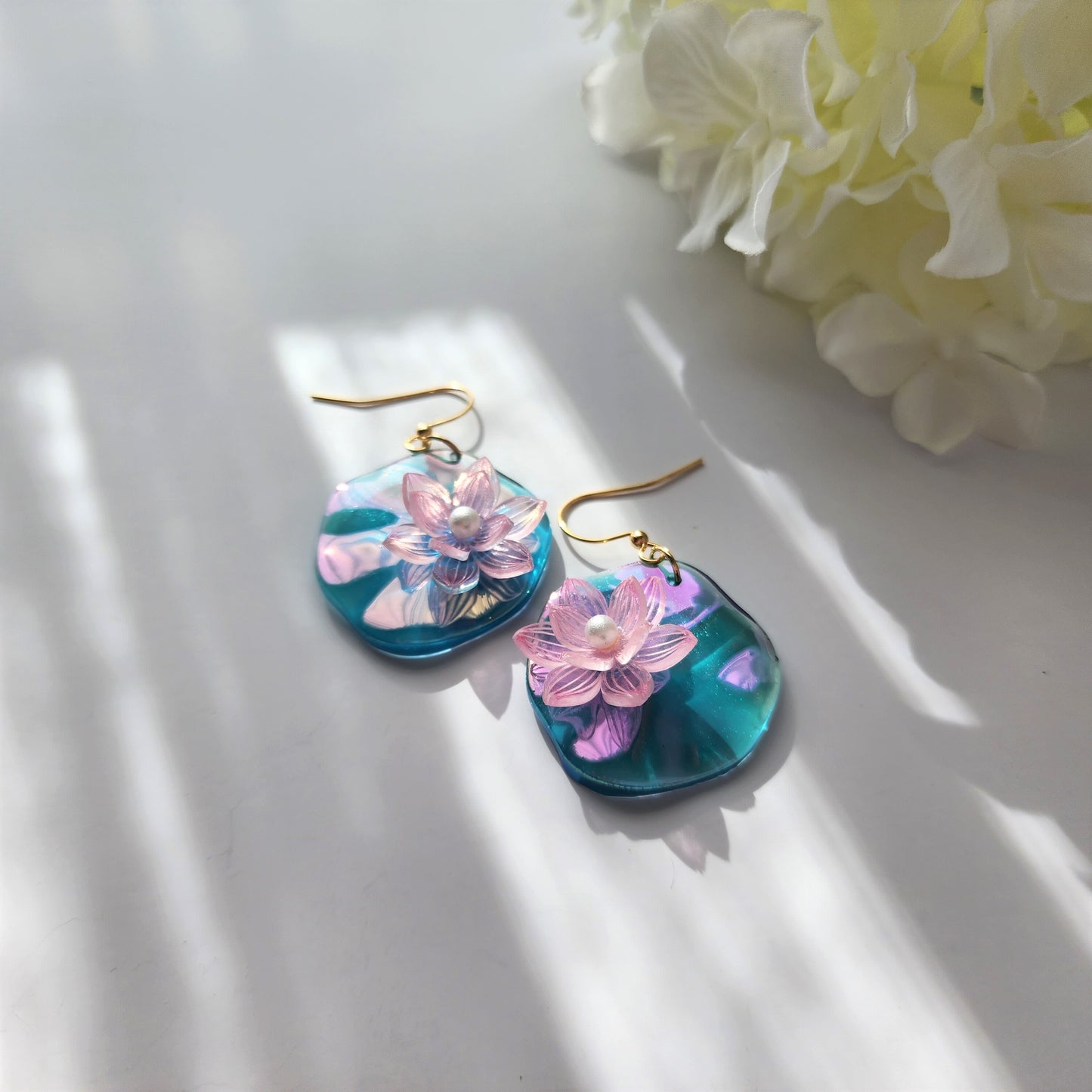 Water lily lotus earrings, floating lily pad and lotus dangle earrings, Lotus flowers on leaf, flower earrings, floral earrings, for her