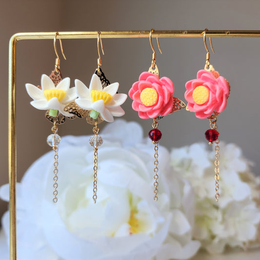 Lotus blossom earrings, water lily dangle earrings, floral earrings, gift for her