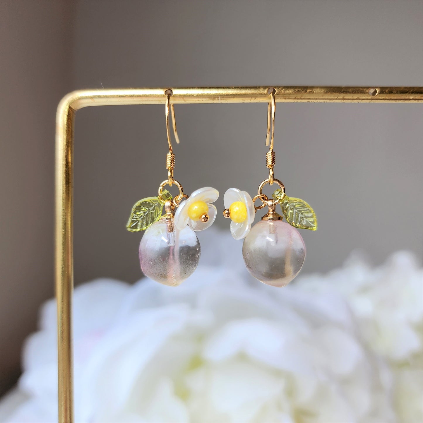 Transparent Peach earrings, soft color peach dangle earrings, fruit earrings, gift for her