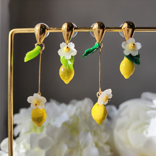 Wedding lemon earrings, asymmetry lemon flower dangle earrings, fruit earring, food earring, cute and unique, gift for her
