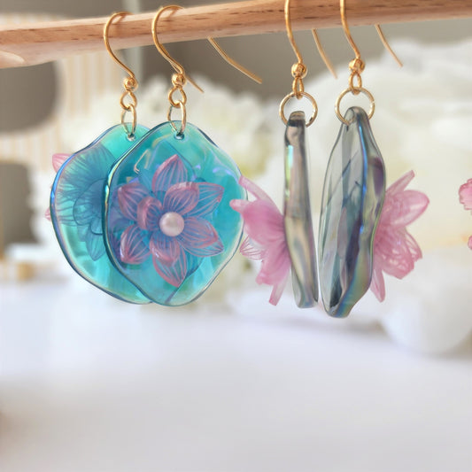 Water lily lotus earrings, floating lily pad and lotus dangle earrings, Lotus flowers on leaf, flower earrings, floral earrings, for her