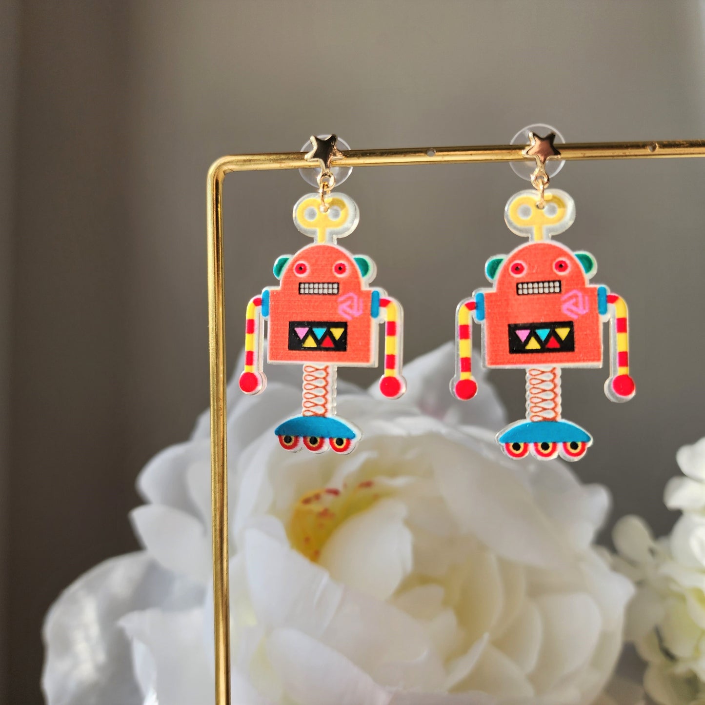 Robot earrings, robot dangle earrings, gift for her