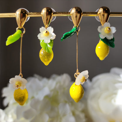 Wedding lemon earrings, asymmetry lemon flower dangle earrings, fruit earring, food earring, cute and unique, gift for her