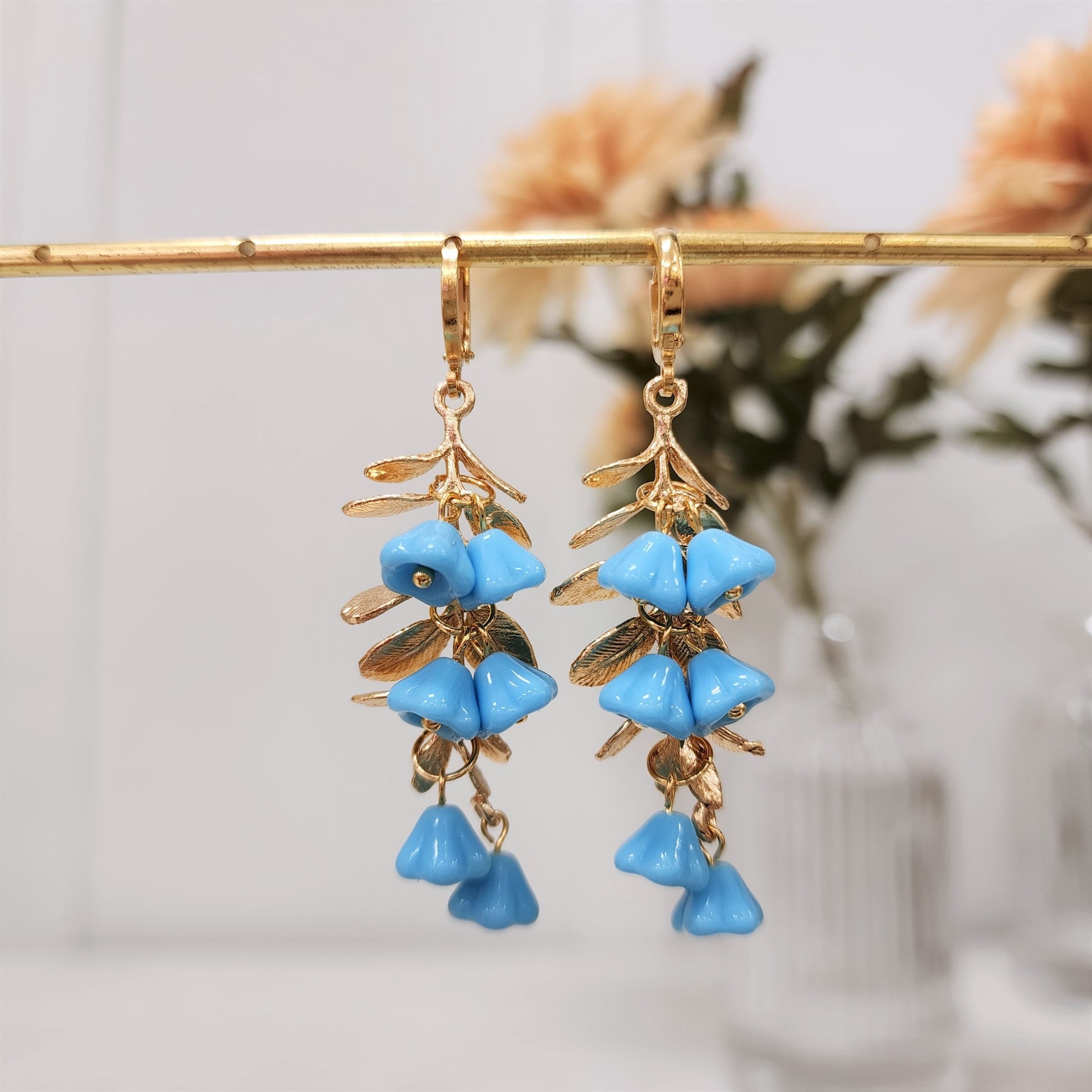 Current earrings, blue opaque flower drop earrings, floral earrings