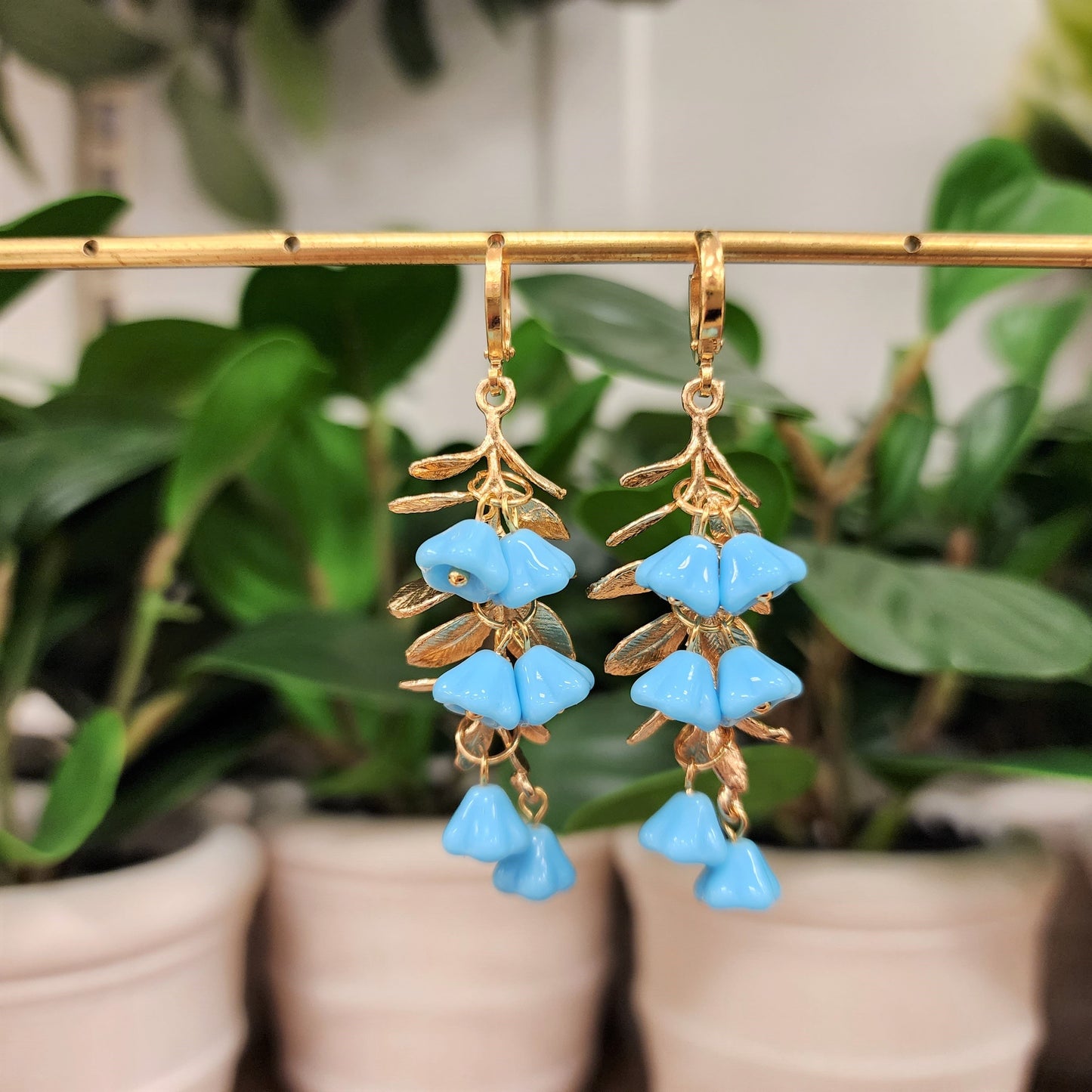 Current earrings, blue opaque flower drop earrings, floral earrings