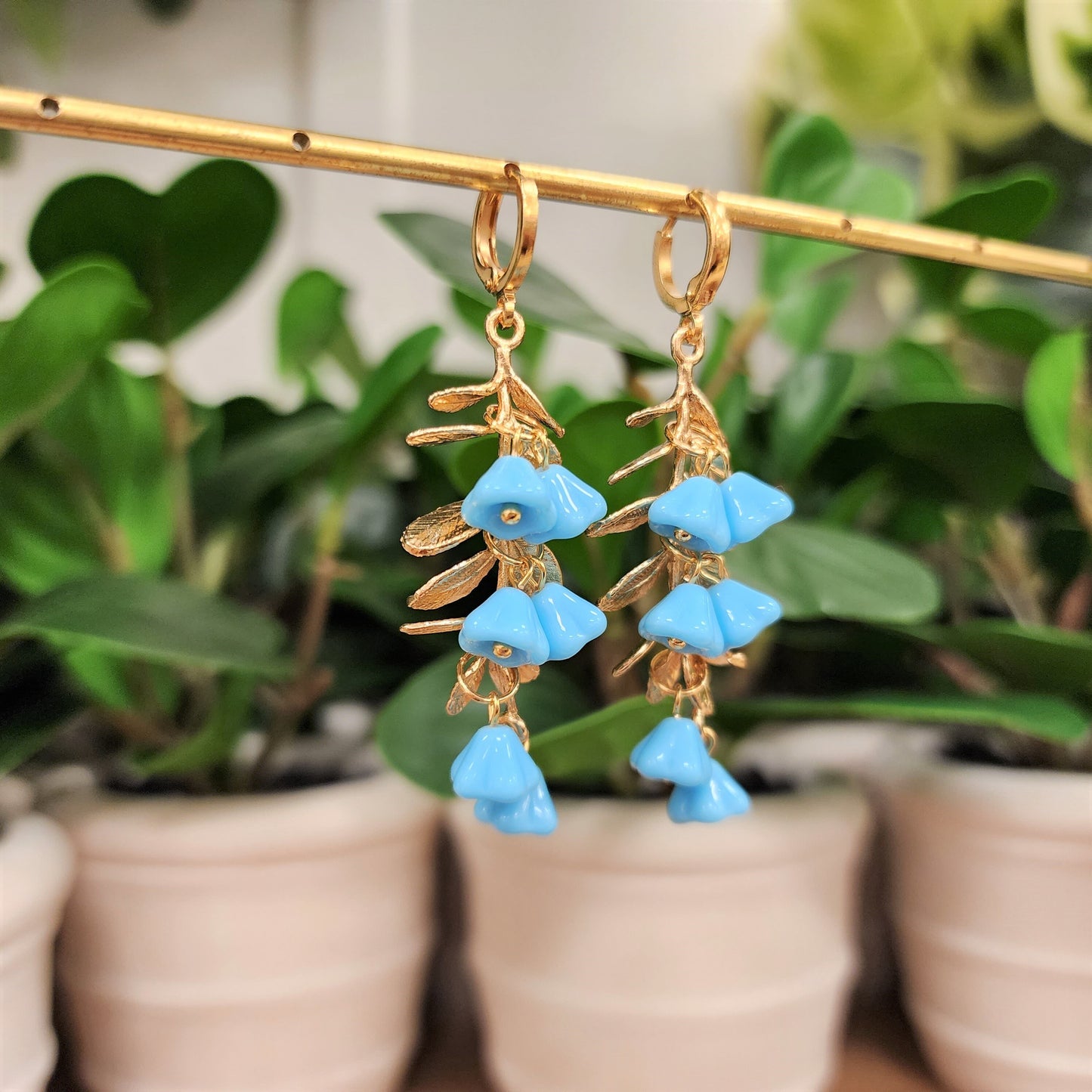 Current earrings, blue opaque flower drop earrings, floral earrings