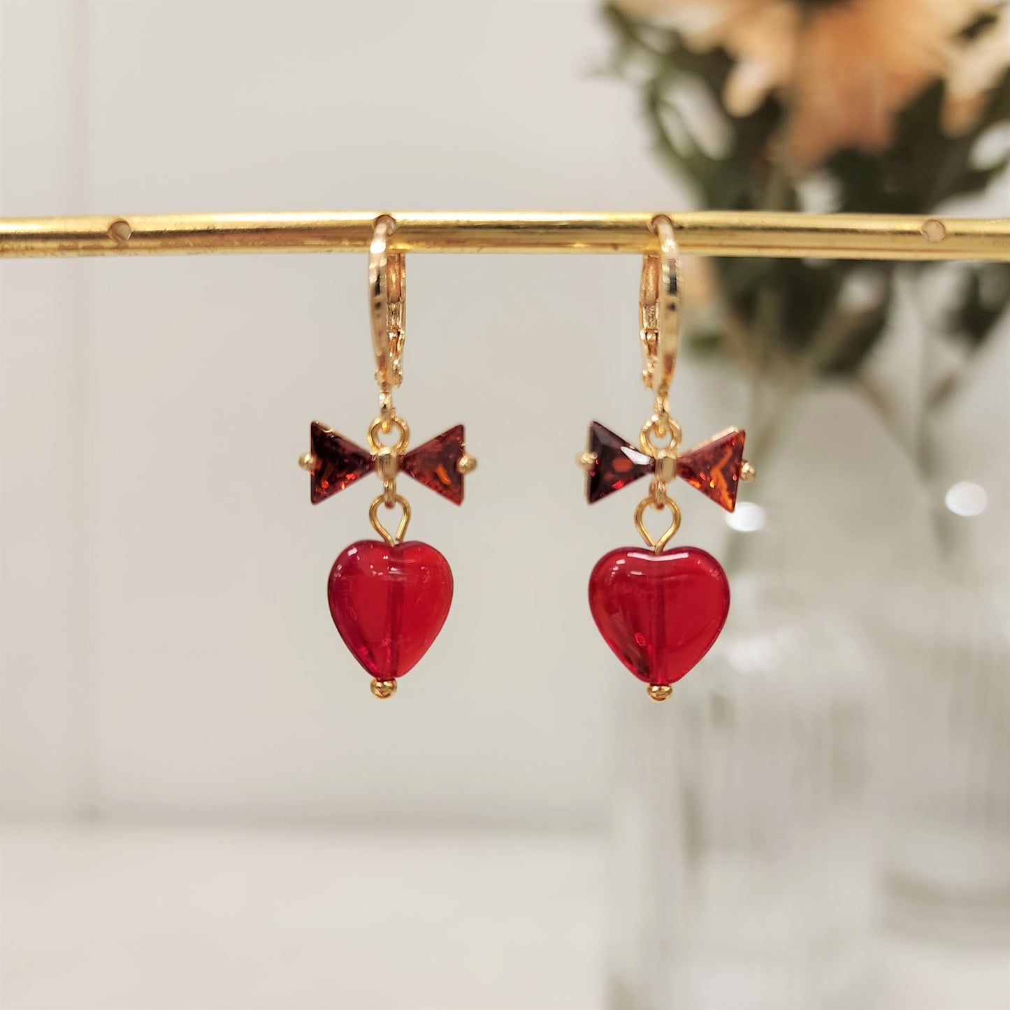 Love heart huggie earrings, light peacock and red heart hoop, hoop dangle earrings,