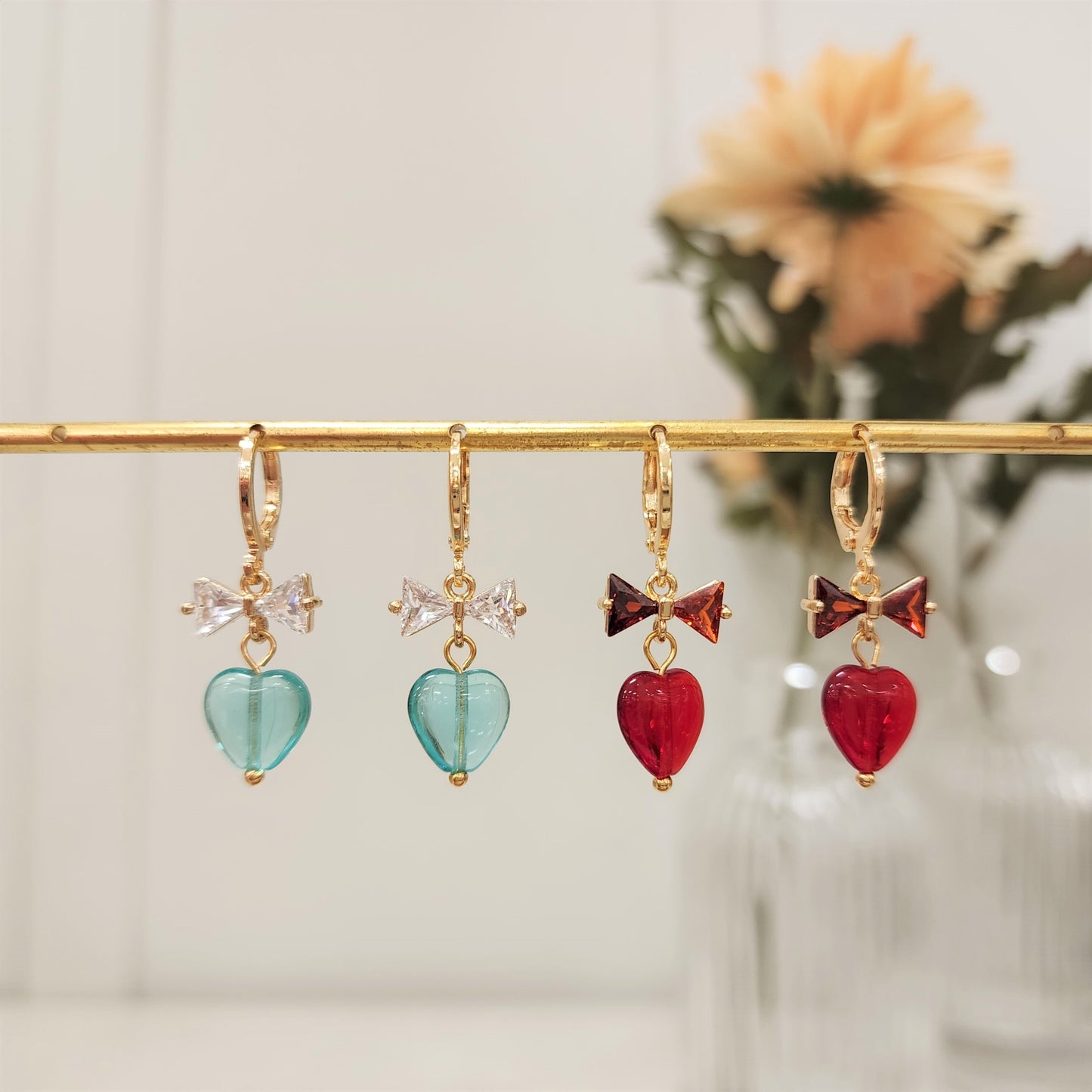 Love heart huggie earrings, light peacock and red heart hoop, hoop dangle earrings,