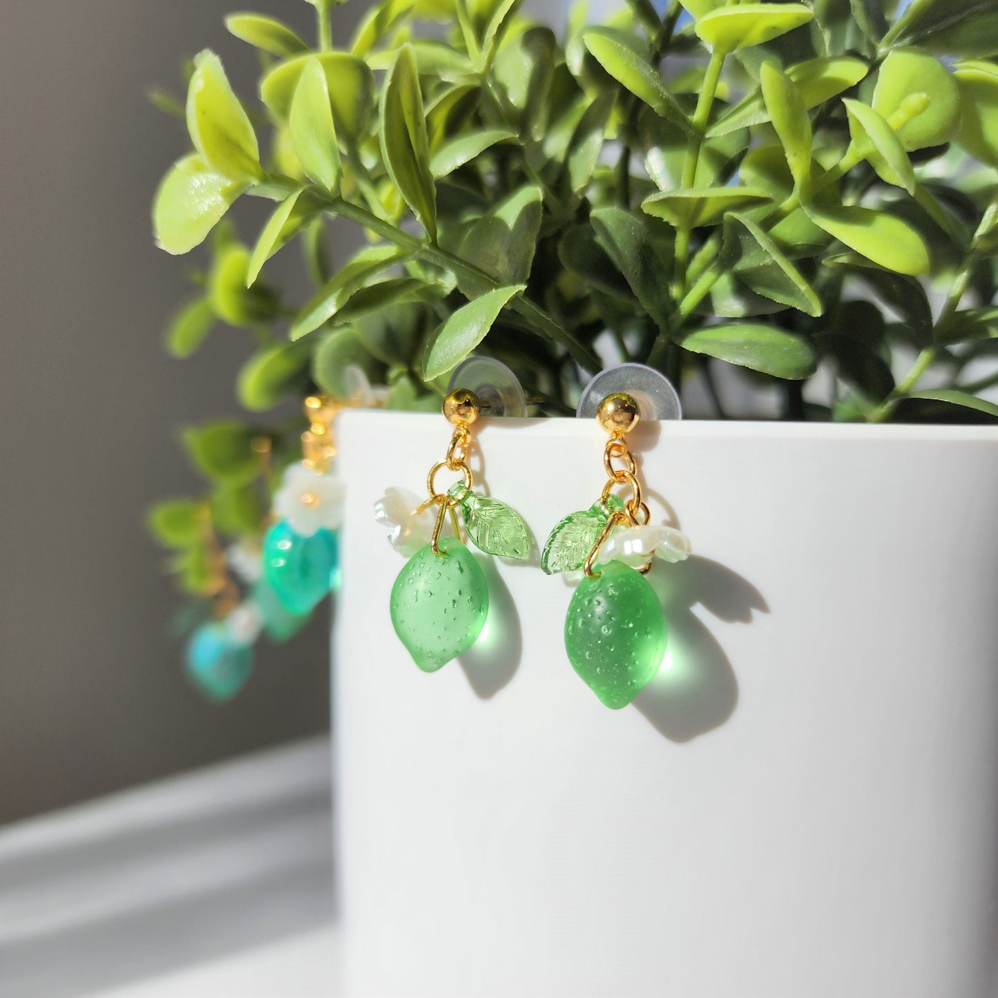 Lime Earrings, Glass green lemon dangle Earrings, Fruit earrings, Food earrings, gift for her