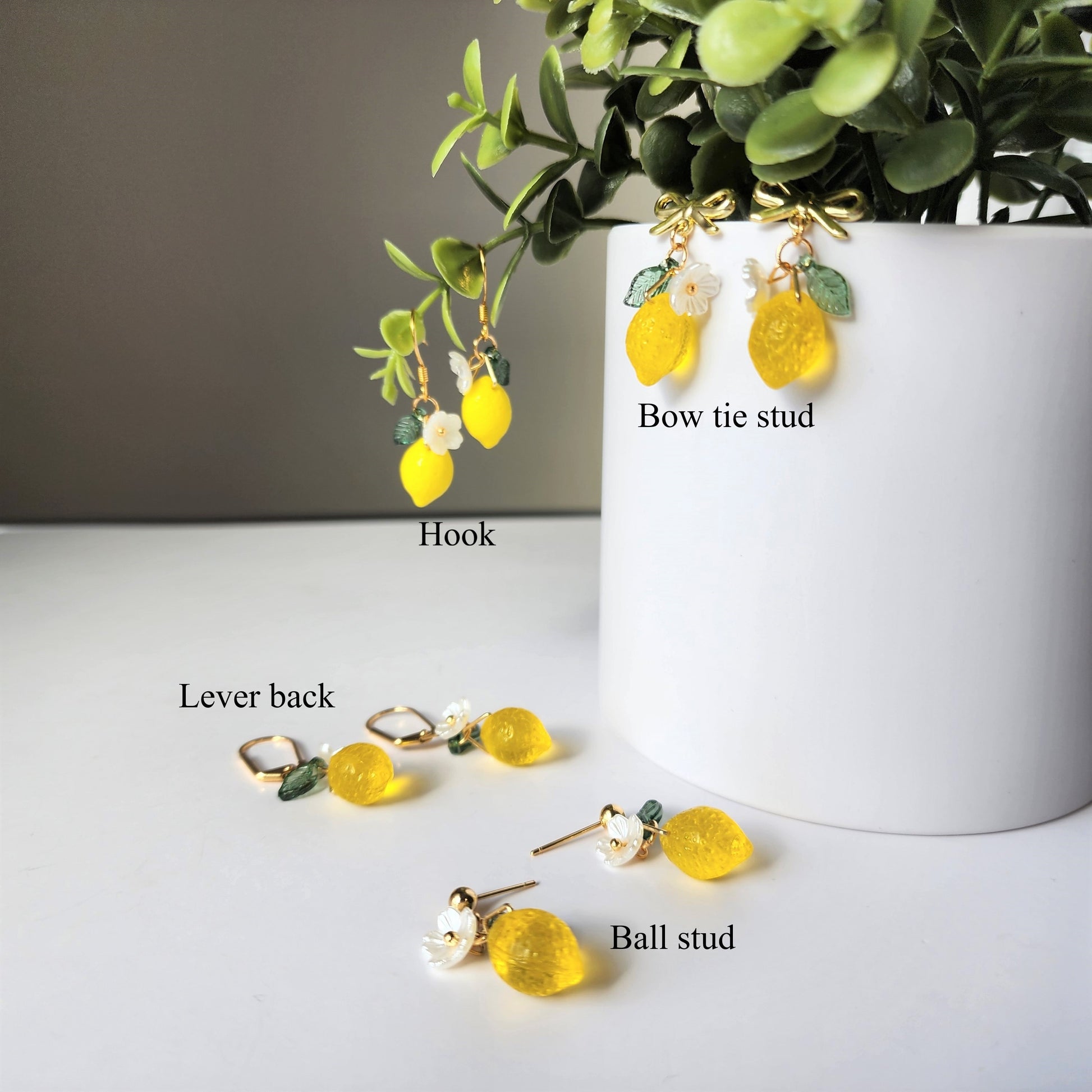 Lemon earrings, Glass lemon dangle earrings, fruit lemon earrings, food earrings, gift for her