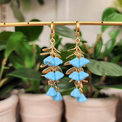 Current earrings, blue opaque flower drop earrings, floral earrings