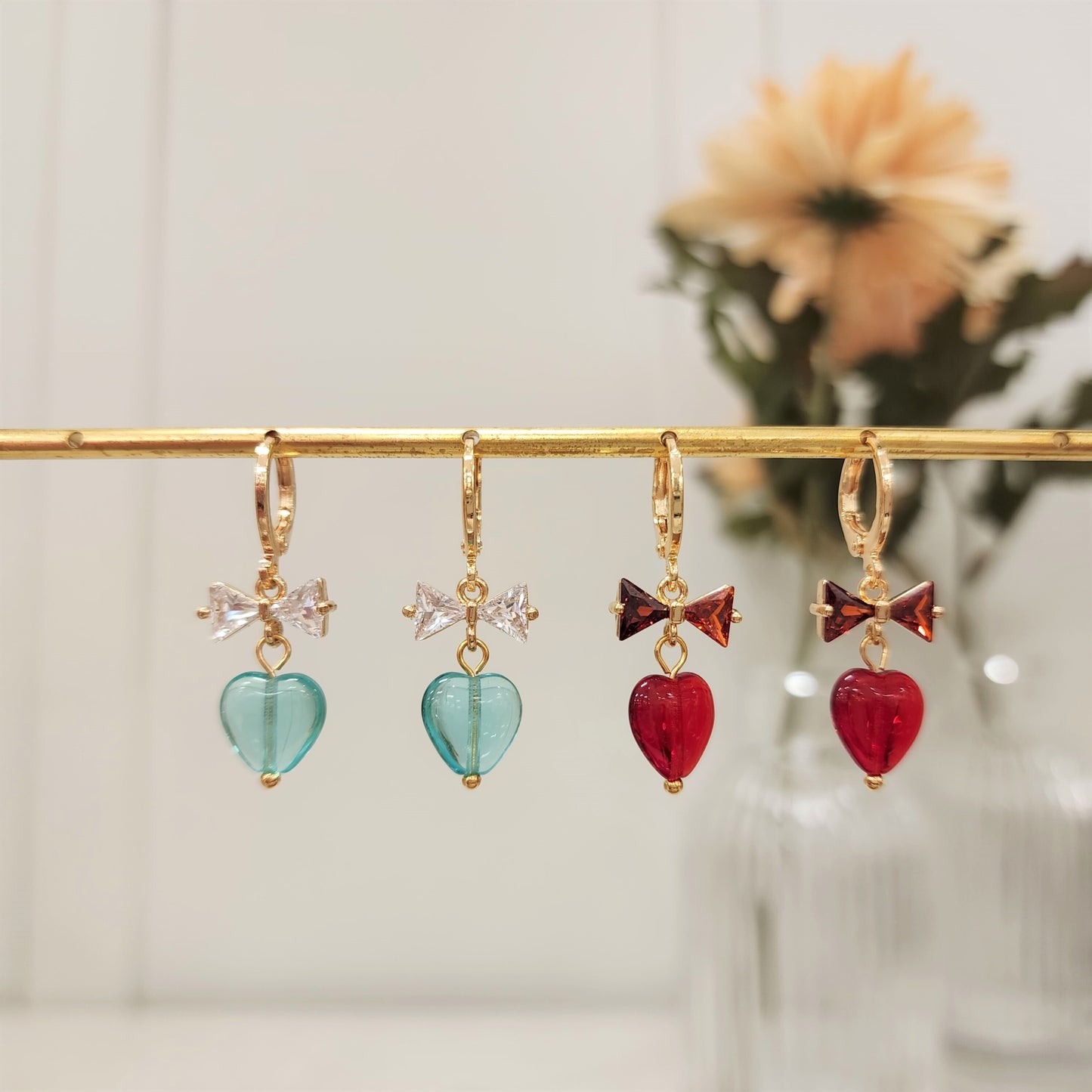 Love heart huggie earrings, light peacock and red heart hoop, hoop dangle earrings,