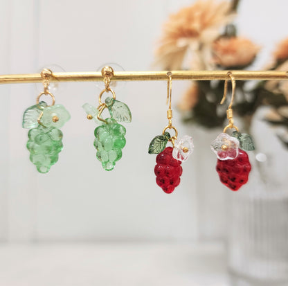 Grape earrings, Pure color glass grape earrings, fruit earrings