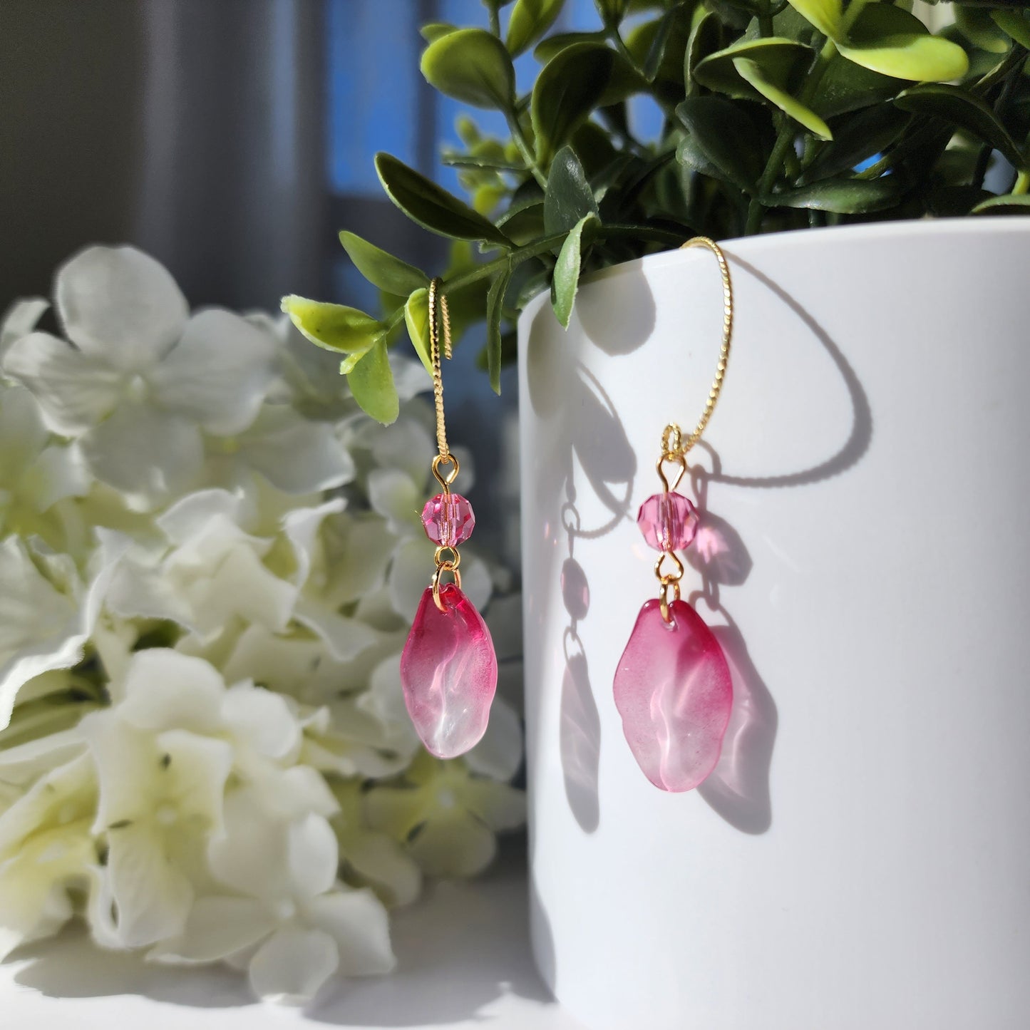 Rose petal earrings, flower petal crystal dangle earrings, gift for her