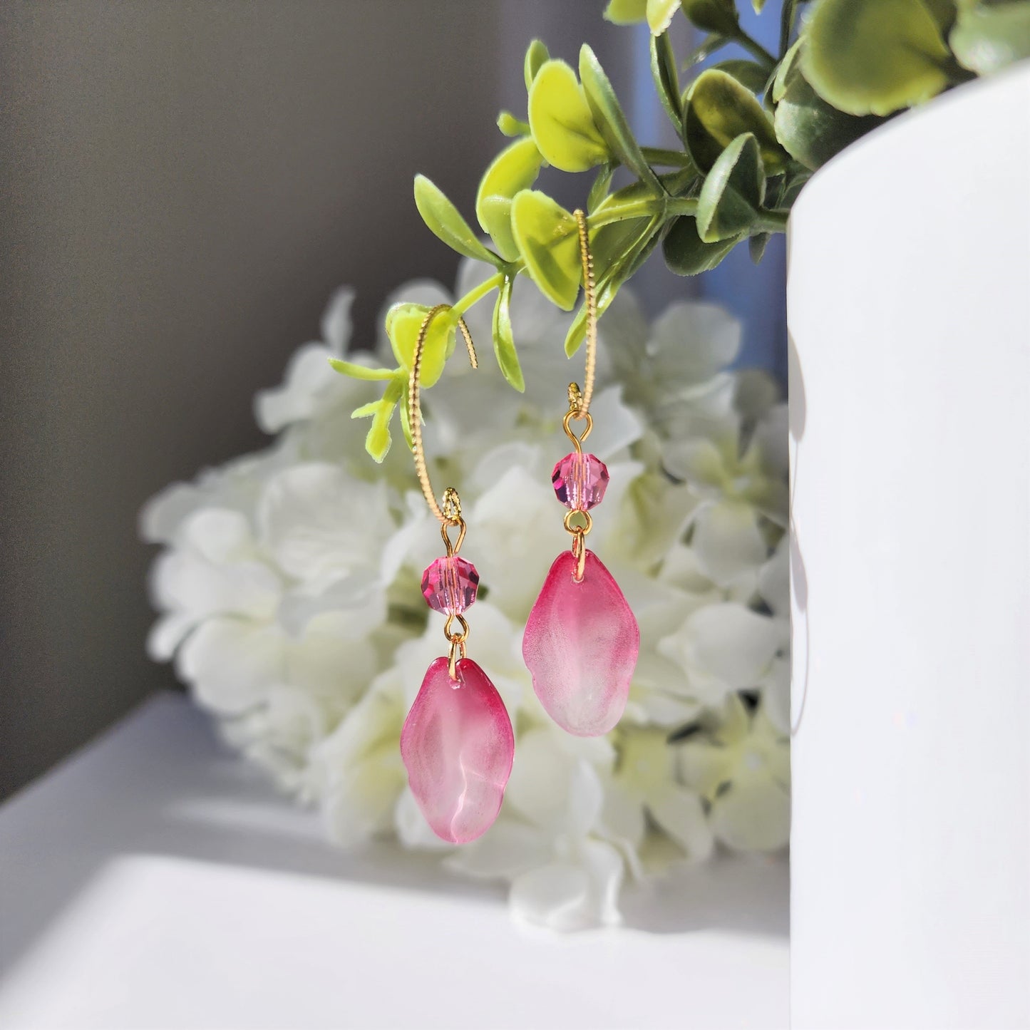 Rose petal earrings, flower petal crystal dangle earrings, gift for her