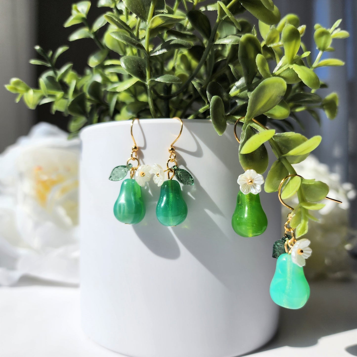 Large pear earrings, Glass fruit pear dangle earrings, Food earrings, gift for her