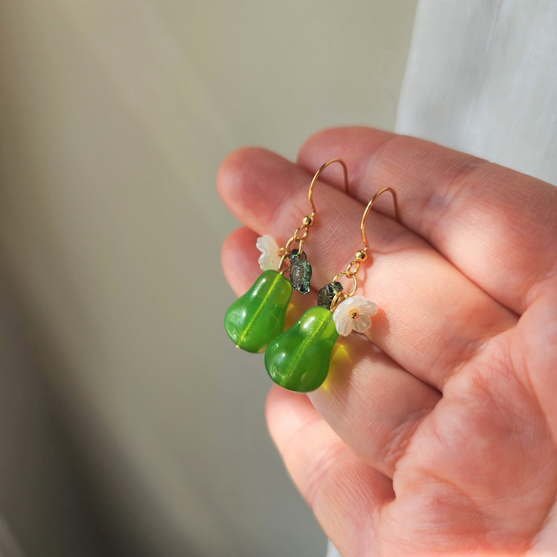 Large pear earrings, Glass fruit pear dangle earrings, Food earrings, gift for her