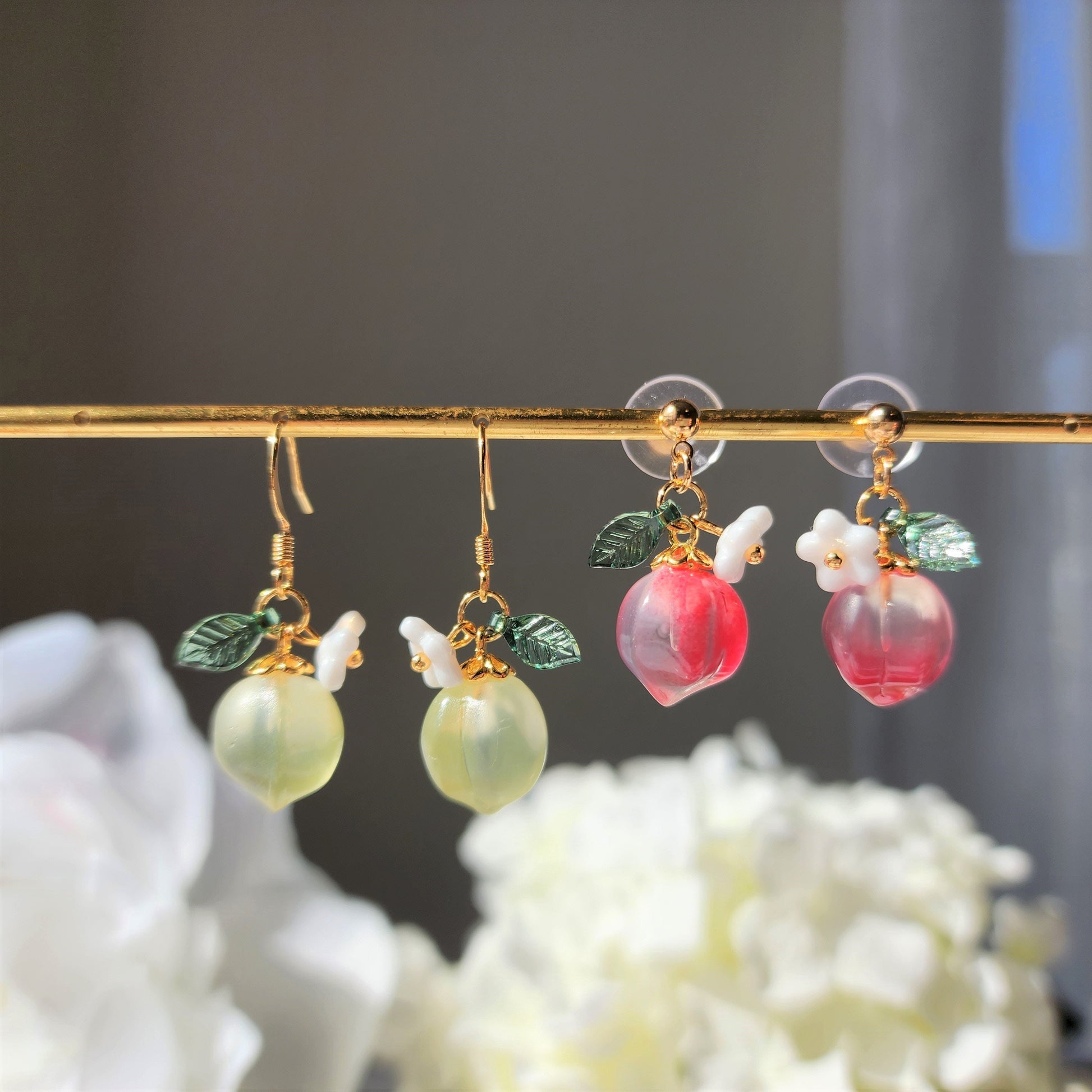 Peach earrings, Glass peach dangle earrings, Fruit earrings, Food earrings