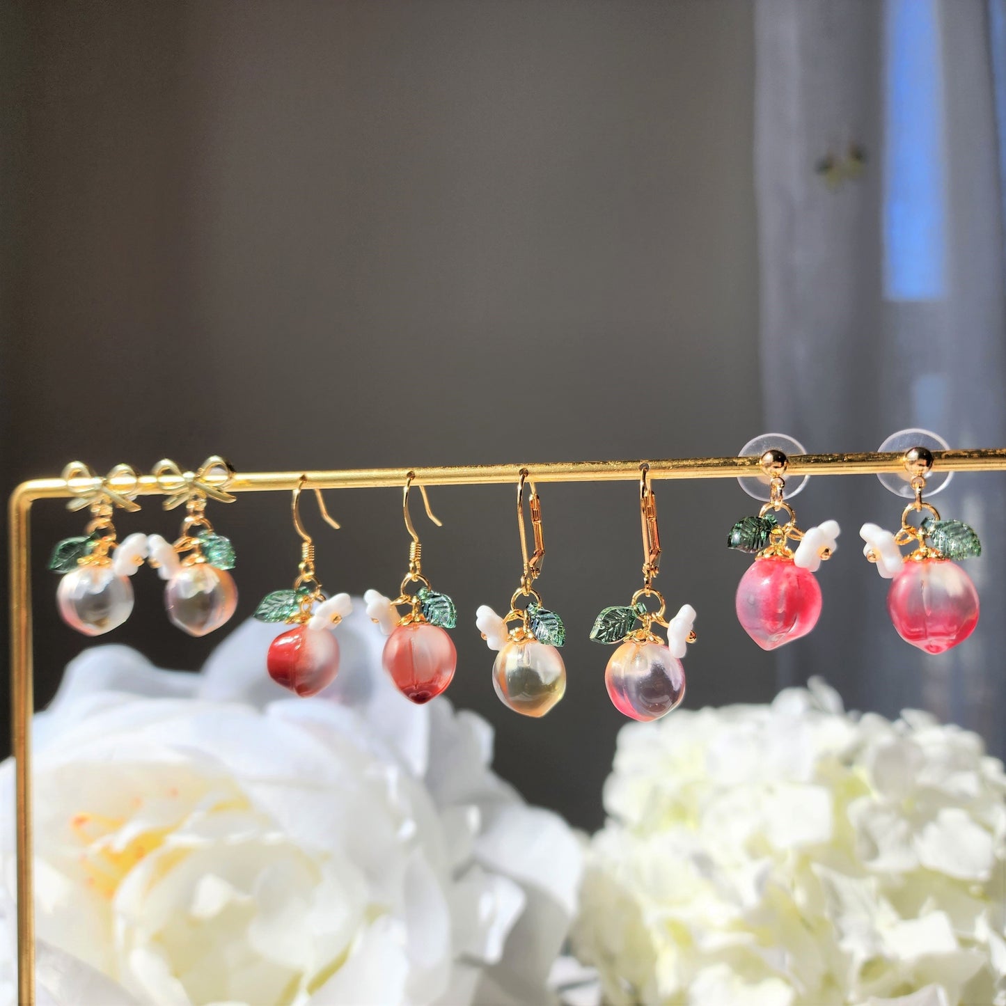 Peach earrings, Glass peach dangle earrings, Fruit earrings, Food earrings