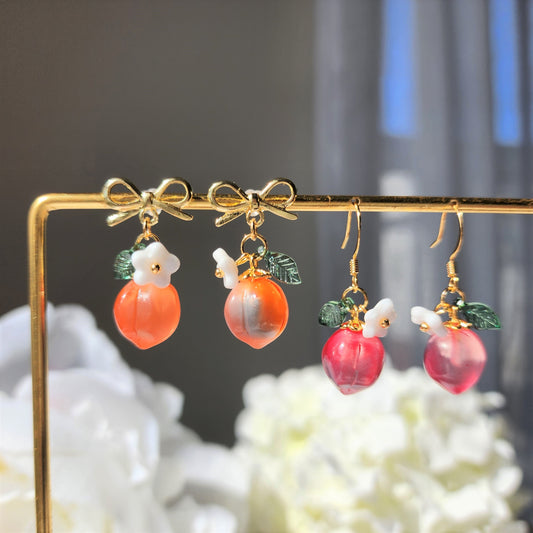 Peach earrings, Glass peach dangle earrings, Fruit earrings, Food earrings
