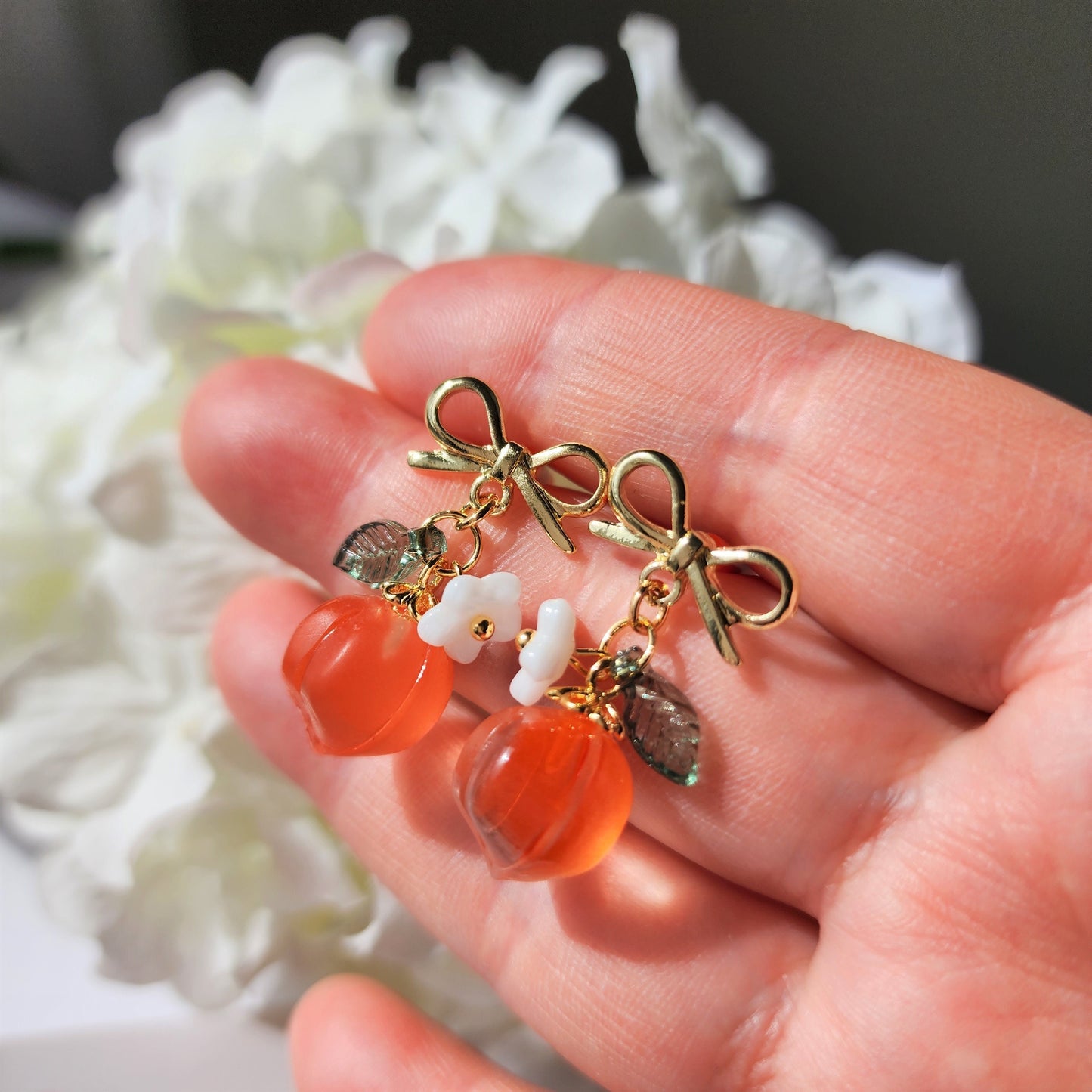 Peach earrings, Glass peach dangle earrings, Fruit earrings, Food earrings