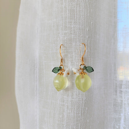 Peach earrings, Glass peach dangle earrings, Fruit earrings, Food earrings