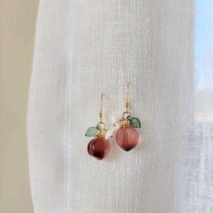 Peach earrings, Glass peach dangle earrings, Fruit earrings, Food earrings