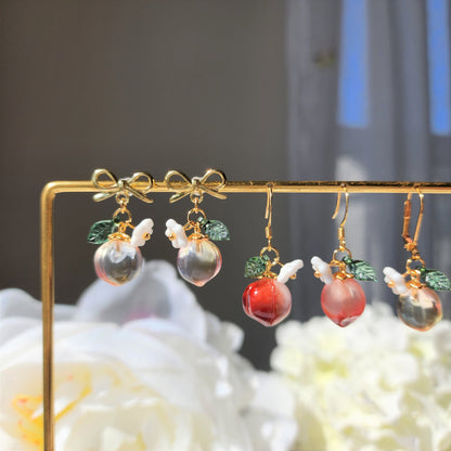 Peach earrings, Glass peach dangle earrings, Fruit earrings, Food earrings