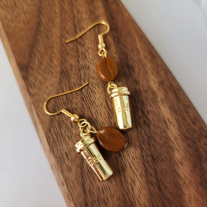 Golden cup coffee earrings, coffee dangle earrings, food earrings, gift for her