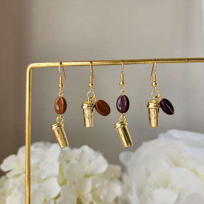 Golden cup coffee earrings, coffee dangle earrings, food earrings, gift for her