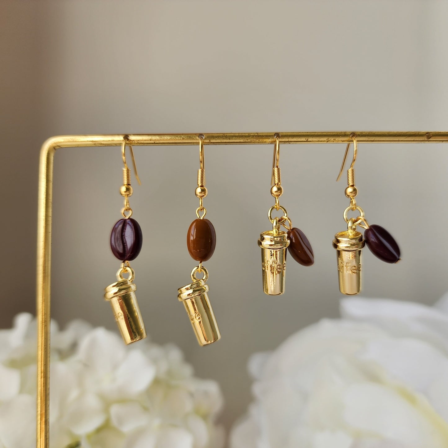 Golden cup coffee earrings, coffee dangle earrings, food earrings, gift for her