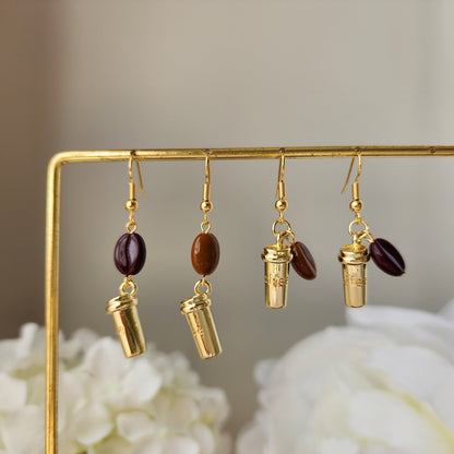 Golden cup coffee earrings, coffee dangle earrings, food earrings, gift for her