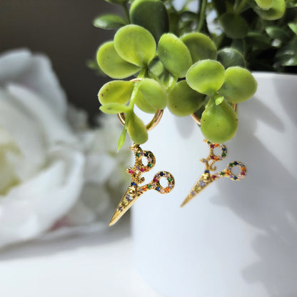 Scissors earrings, colorful zircon earrings, gold and silver scissors earrings, gift for her