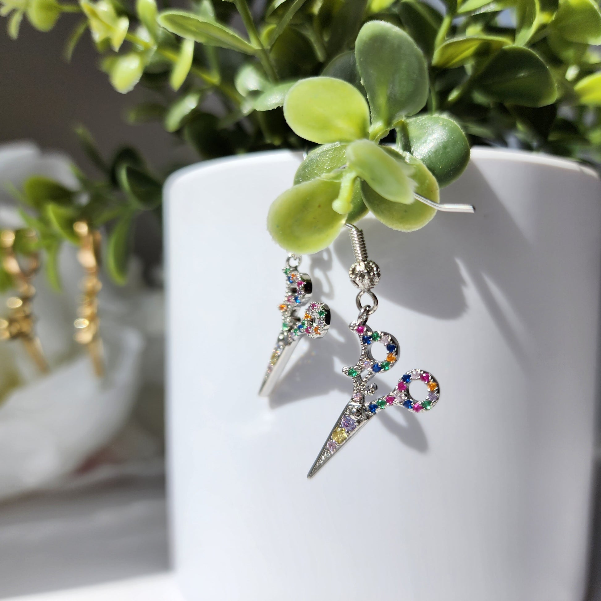 Scissors earrings, colorful zircon earrings, gold and silver scissors earrings, gift for her