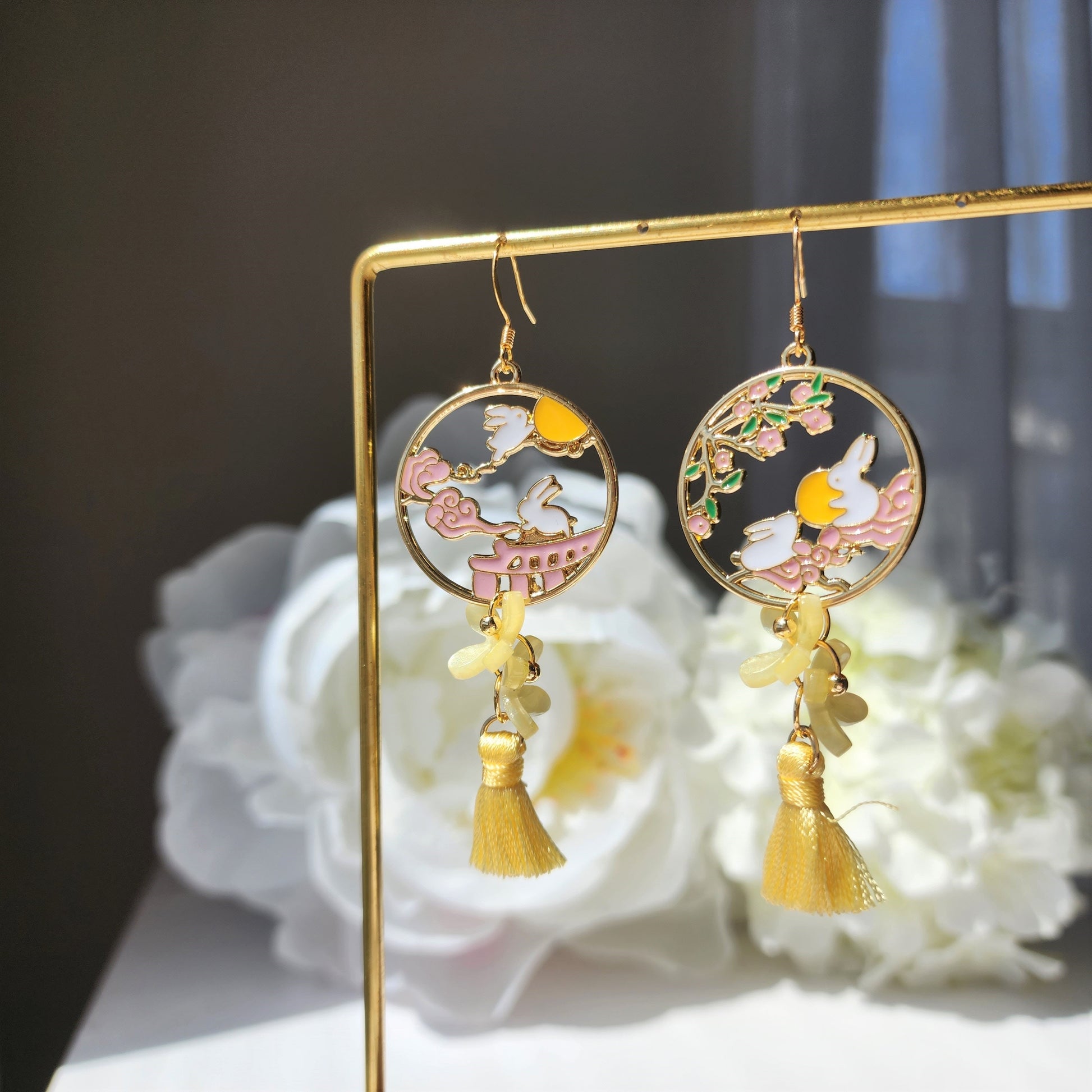 Yellow Osmanthus earrings, Japanese osmanthus blossom with rabbit bunny earrings, animal and floral earrings, gift for her