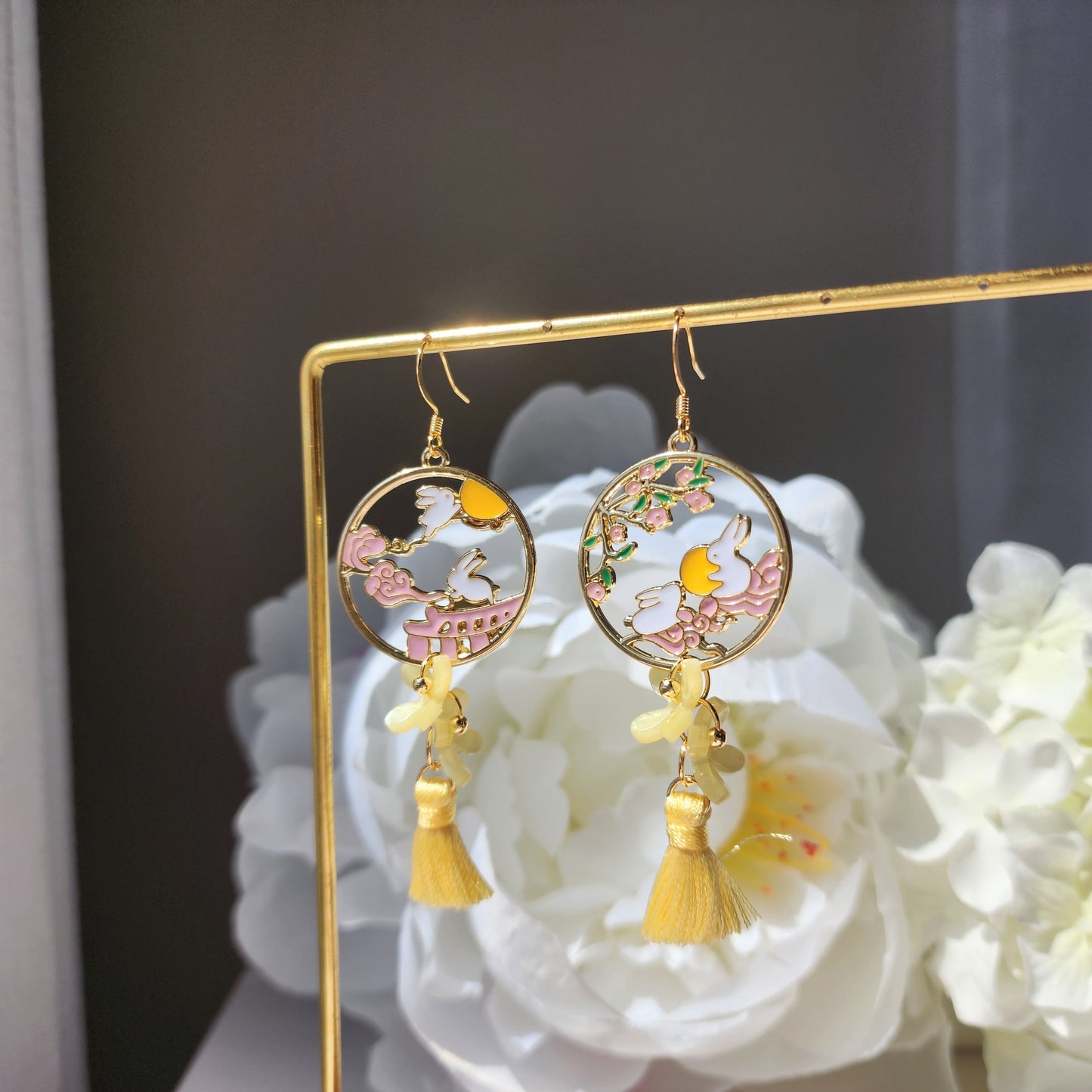 Yellow Osmanthus earrings, Japanese osmanthus blossom with rabbit bunny earrings, animal and floral earrings, gift for her