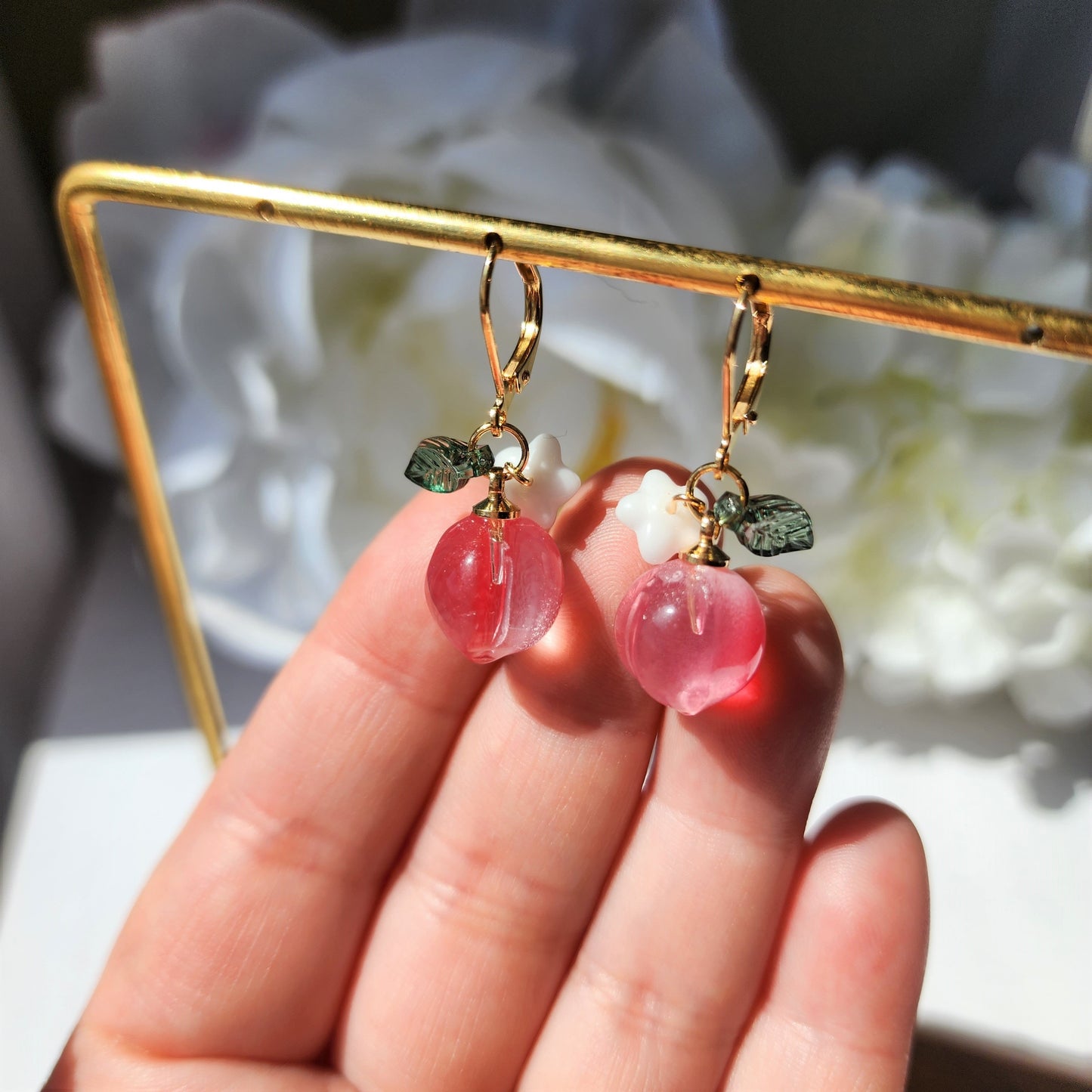 Peach earrings, fruit dangle earrings, food earrings, gift for her