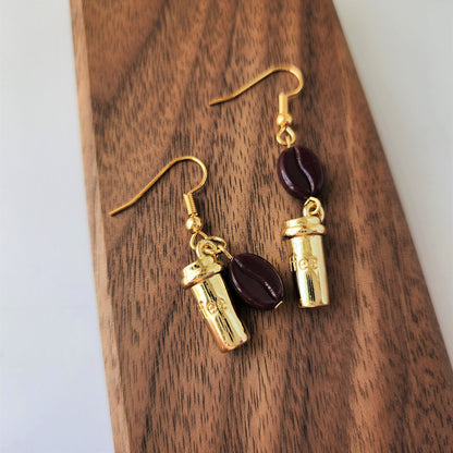 Golden cup coffee earrings, coffee dangle earrings, food earrings, gift for her