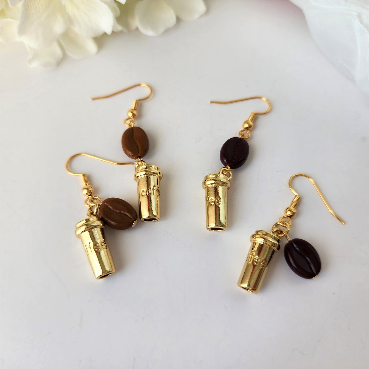 Golden cup coffee earrings, coffee dangle earrings, food earrings, gift for her