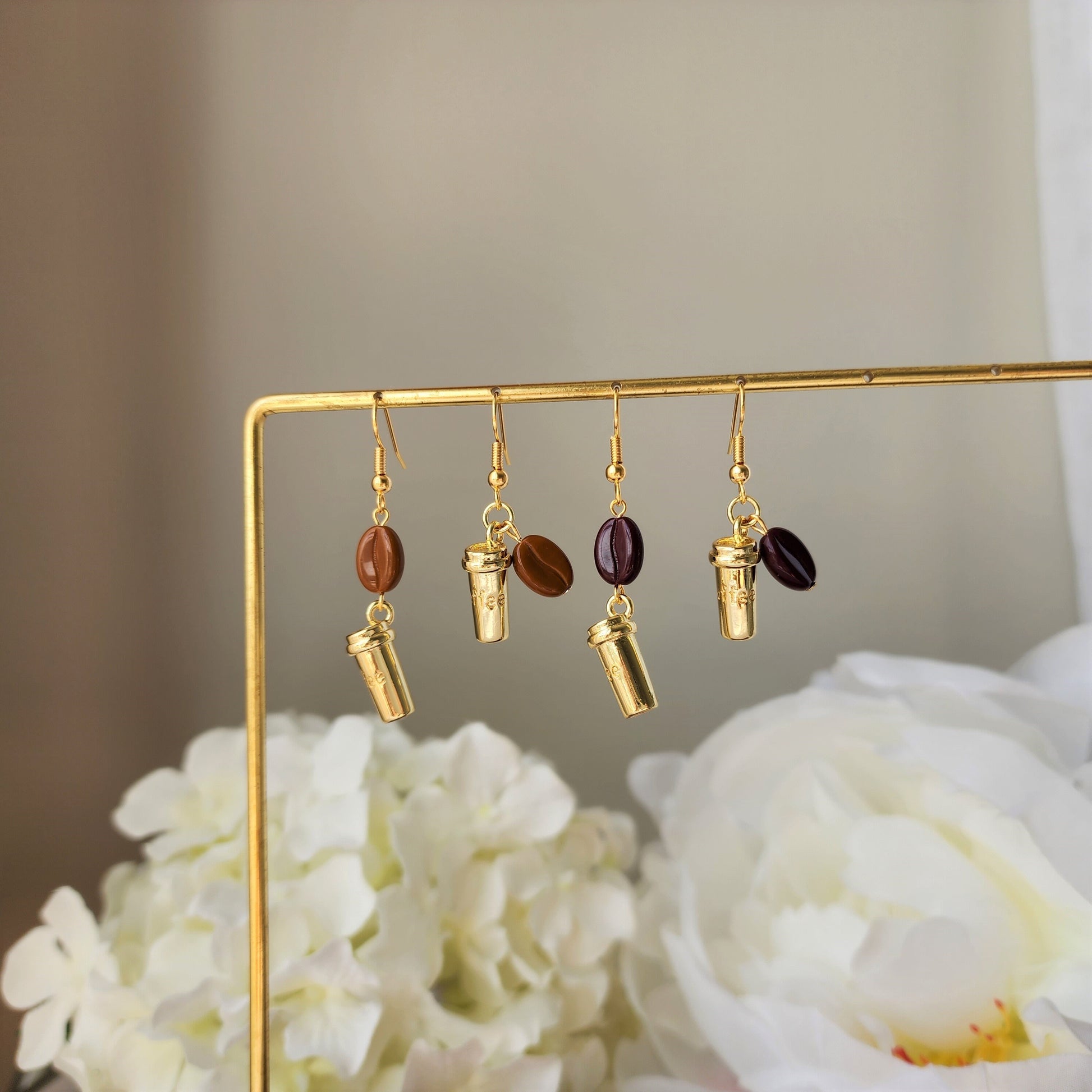 Golden cup coffee earrings, coffee dangle earrings, food earrings, gift for her