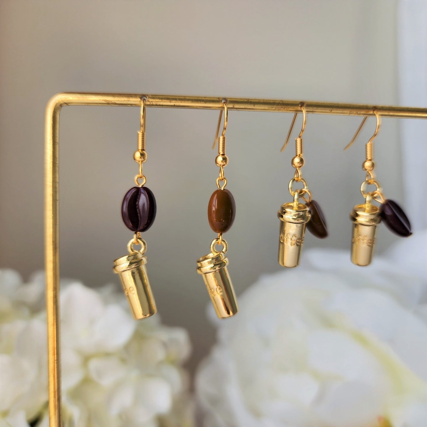 Golden cup coffee earrings, coffee dangle earrings, food earrings, gift for her