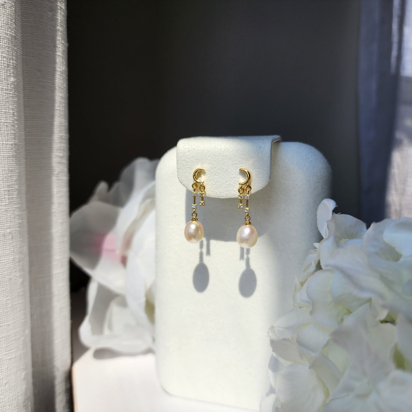 Sweet moon pearl gold vermeil earrings, Freshwater pearl dangle earrings, gift for her