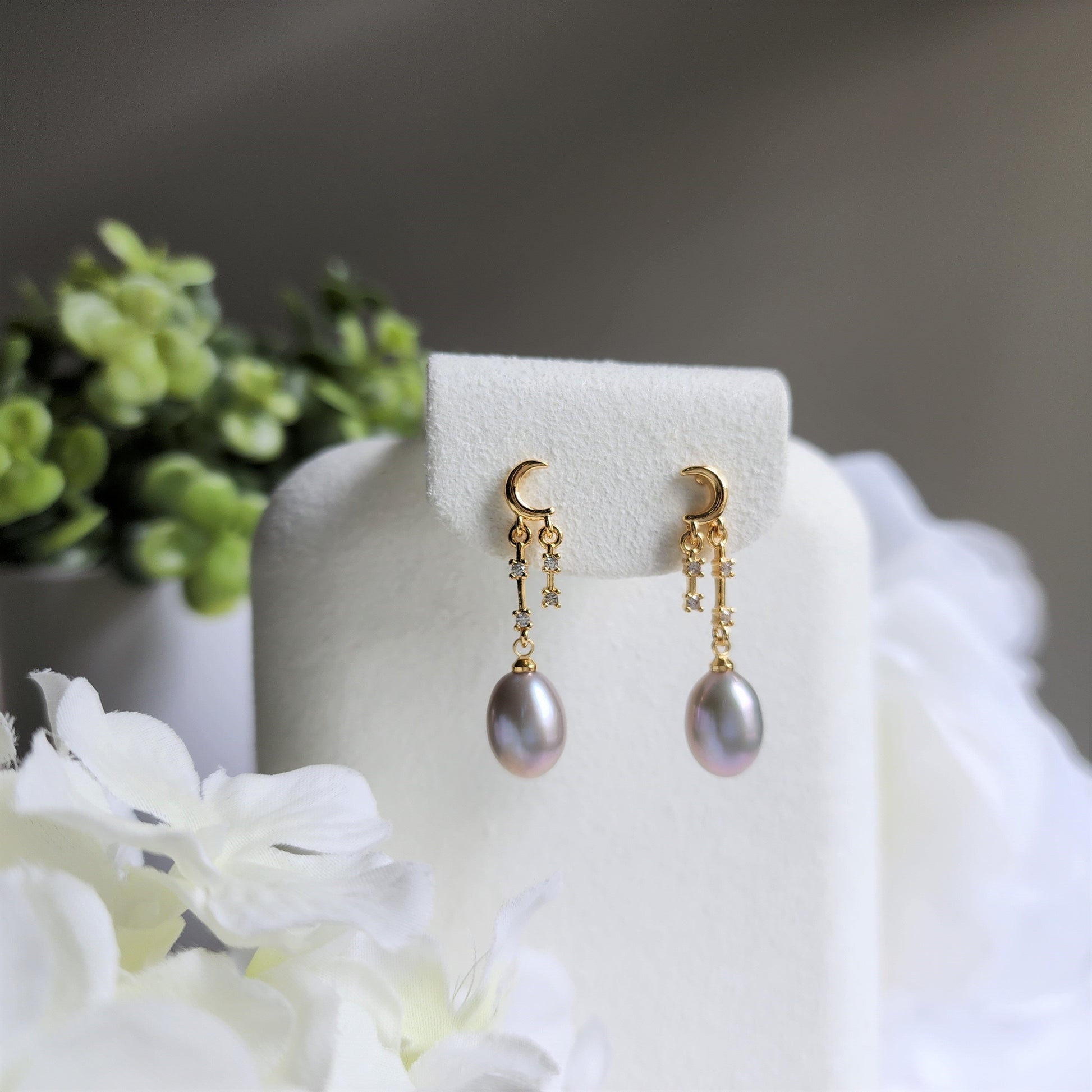 Sweet moon pearl gold vermeil earrings, Freshwater pearl dangle earrings, gift for her