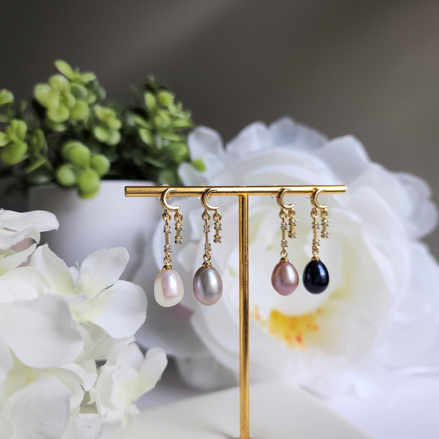 Sweet moon pearl gold vermeil earrings, Freshwater pearl dangle earrings, gift for her